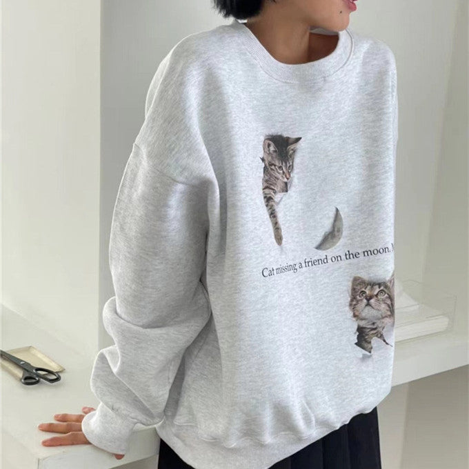 Cute Cat Print Thermal Round-Neck Sweatshirt