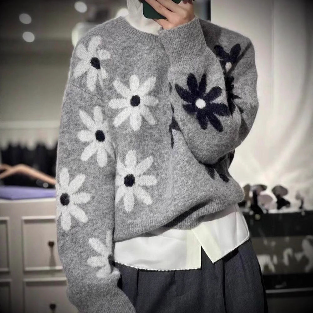 Round Neck Flower Western Style Soft Glutinous Loose and Lazy Style Pullover Sweater