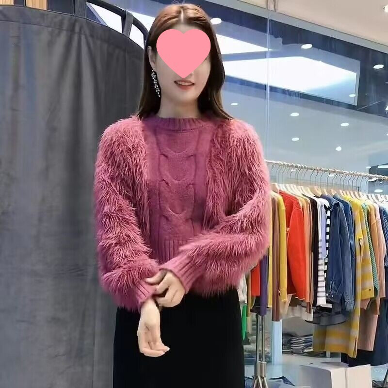 Loose-fitting, Outerwear Mink-wool Solid-color Sweater for Women