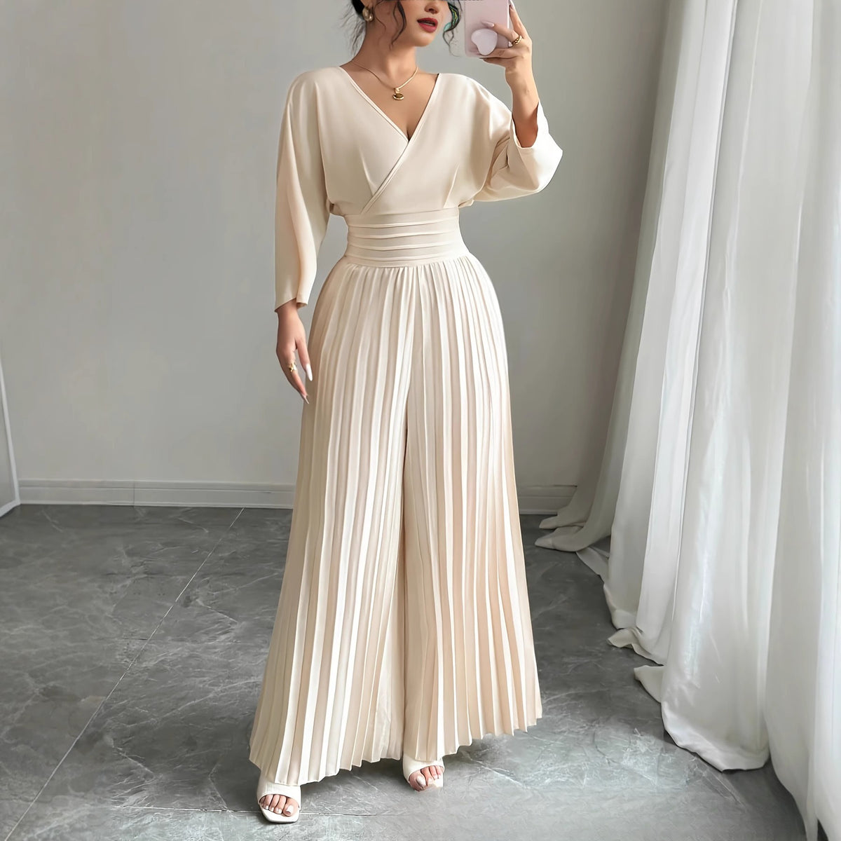 Elegant V-Neck High-Waist Pleated Jumpsuit
