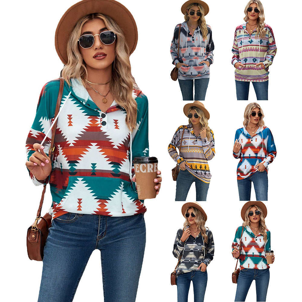 Geometric Pattern Long Sleeve Hooded Pocket Sweatshirt