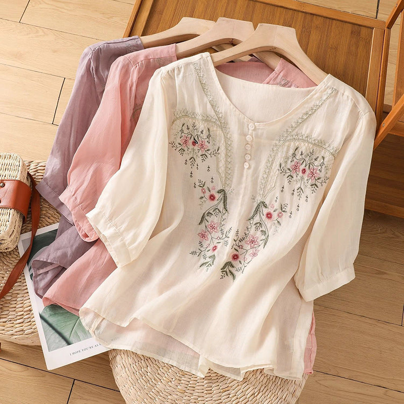 Embroidered Loose Short Sleeve Top – Flattering Women's Pullover