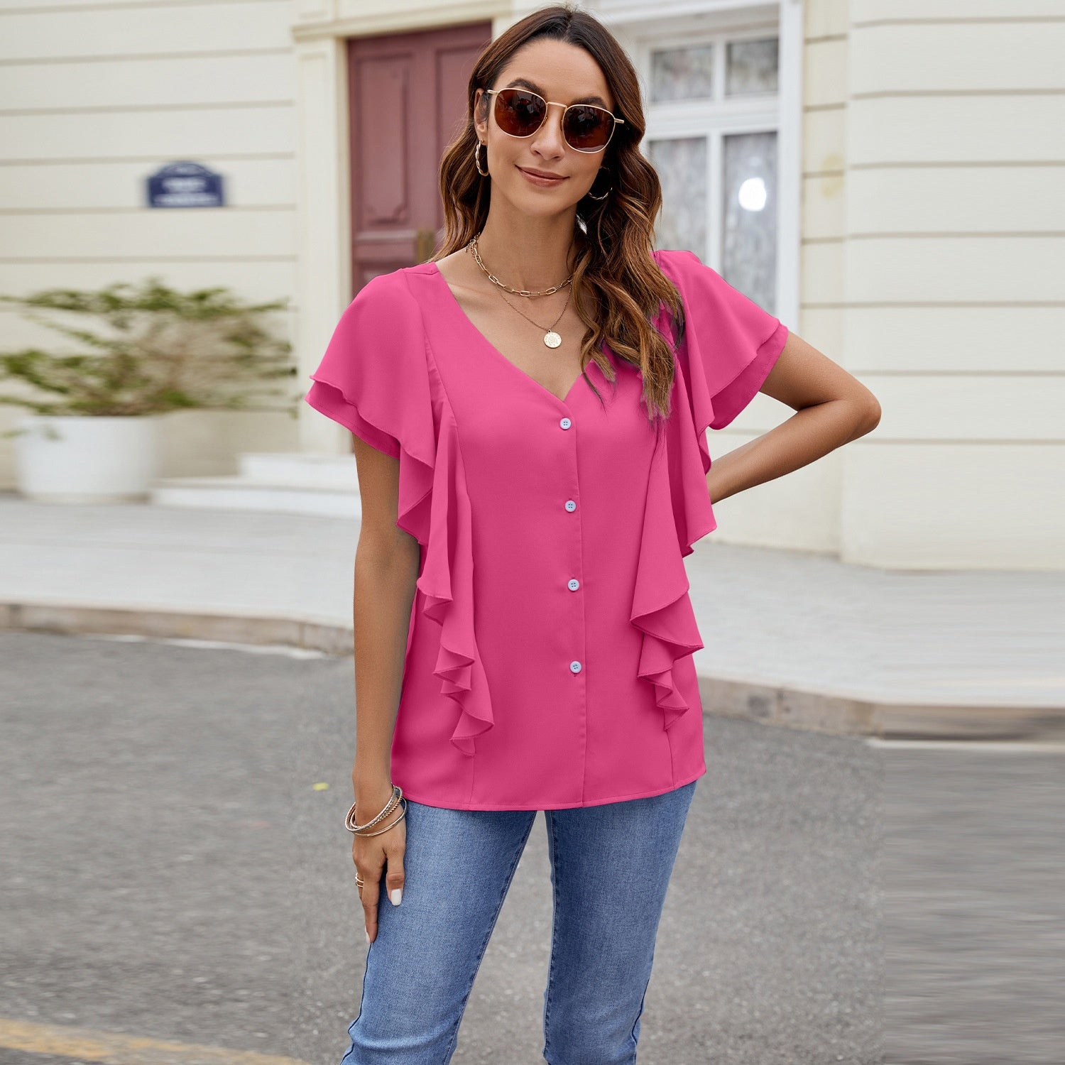 Lotus-leaf Sleeve Shirt Single-breasted Top Cardigan