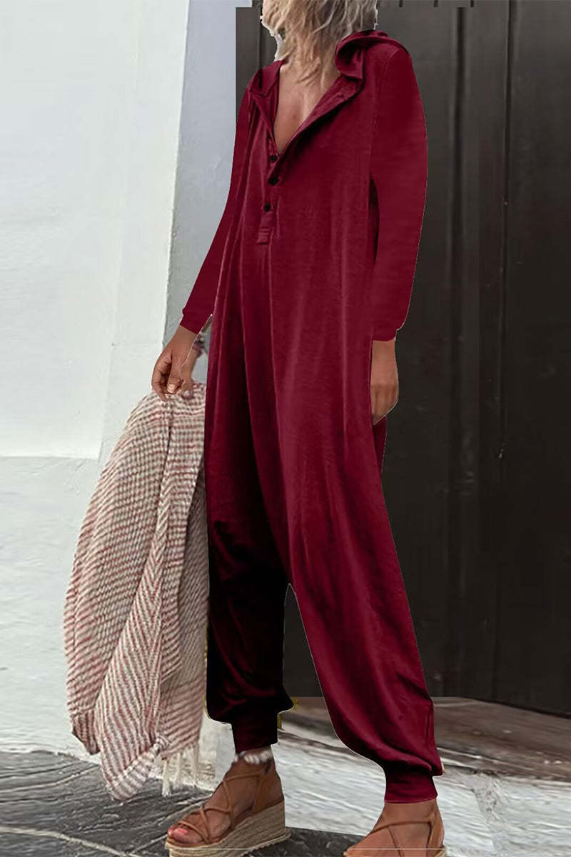 Casual Hooded Pocket Long Sleeve Jumpsuit Baggy Pants