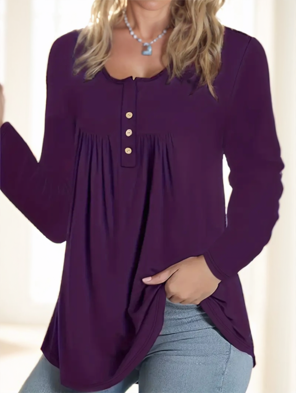 Ladies' Solid-color Button-down Long-sleeved Top