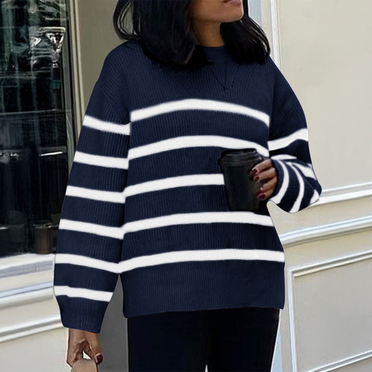 European and American Casual Striped Knitted Long-sleeved Top