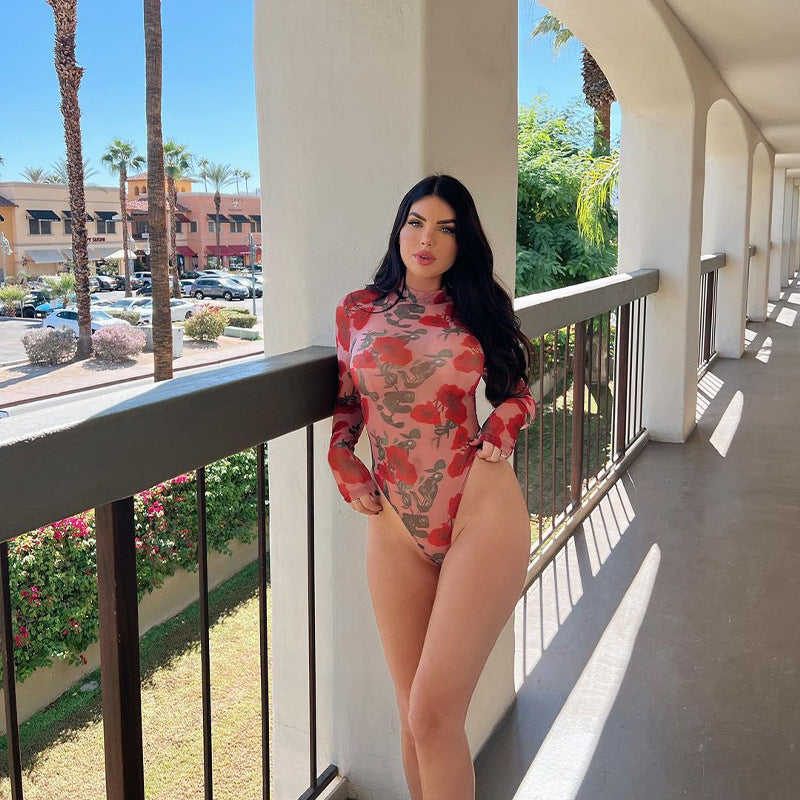 Floral Mesh Long-Sleeve Romper