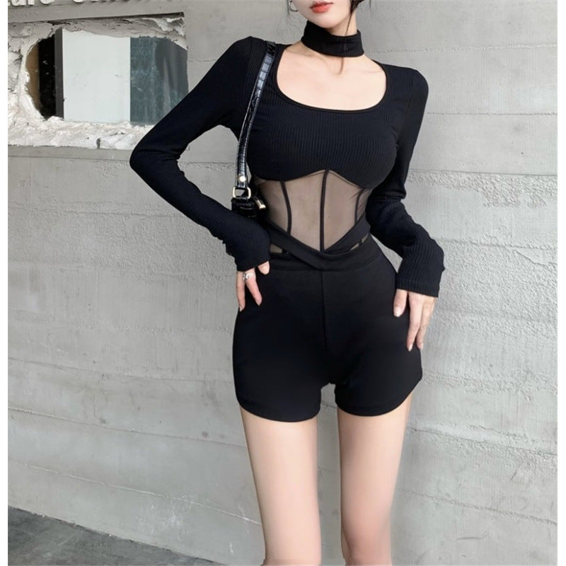 Mesh Slim Fit Sexy Hot Girl Fishbone Bottoming Shirt One-piece Scarf Detachable
