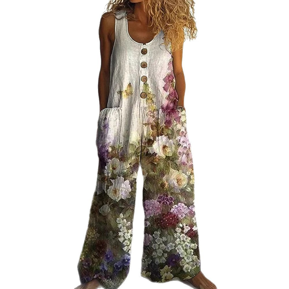 Women's Floral Sleeveless Pocket Jumpsuit