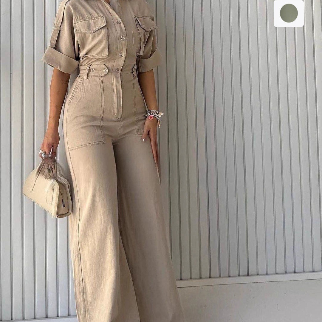Waist-Cinching Wide-Leg Lapel Overalls