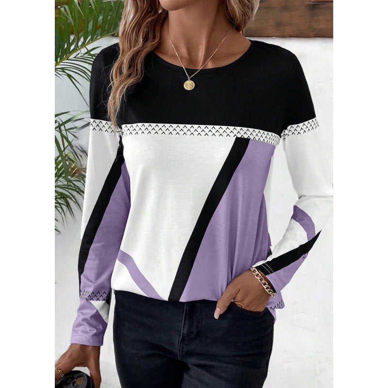 Geometric Print Contrast Stitching Pullover Top