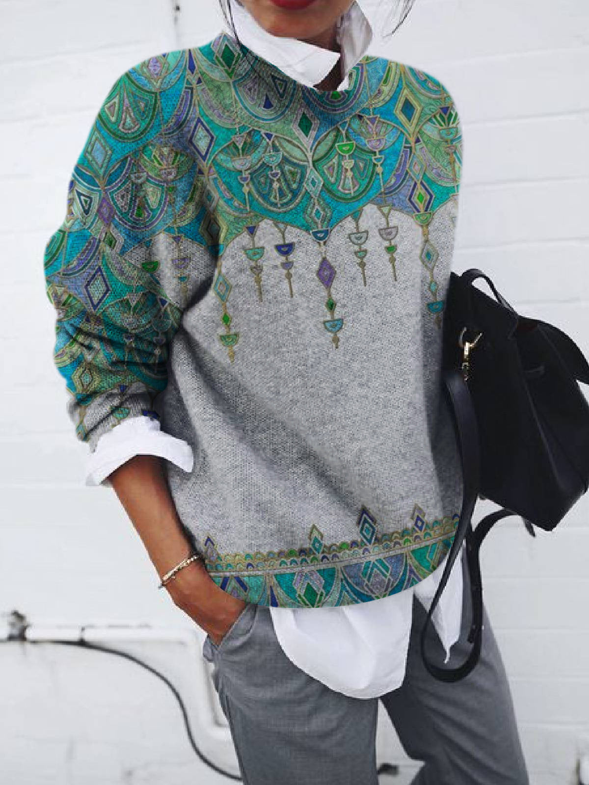 Ladies Fashion Brushed Geometric Print Loose Long Sleeve Hoodie
