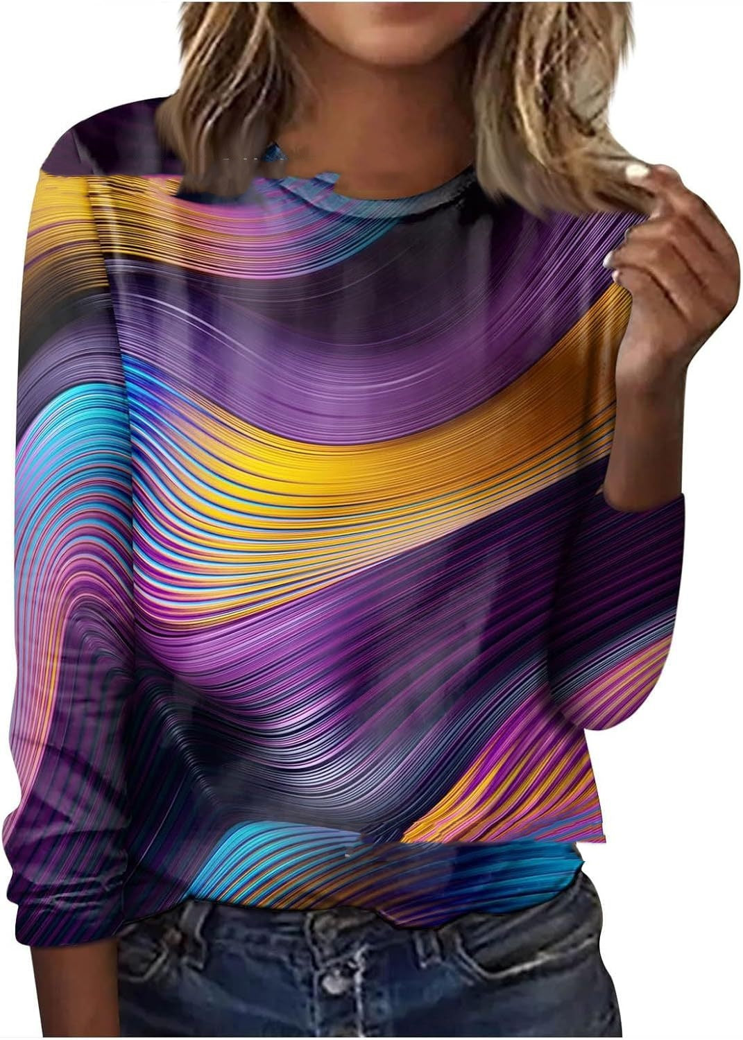Floral Geometric Print Long Sleeve Round Neck Pullover