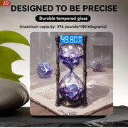 Intelligent Electronic Scale – 2D Flat Design, Clear LED Display, Glass Hourglass with Purple Crystal and Bronze Frame, Indoor Temperature Display, 10.23 × 10.23 cm
