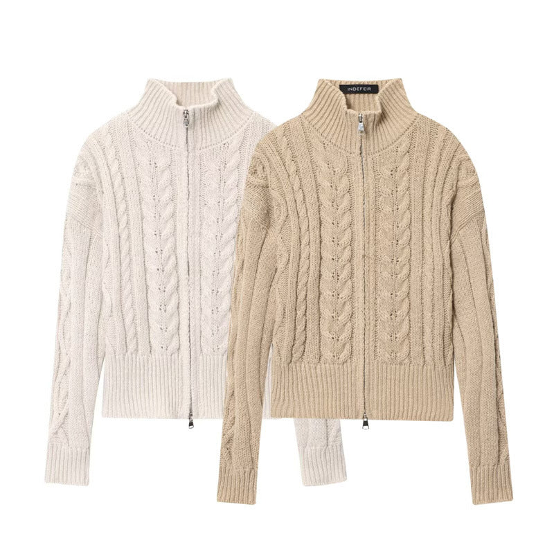 Womens Zip-up Stand Collar Cable-knit Sweater