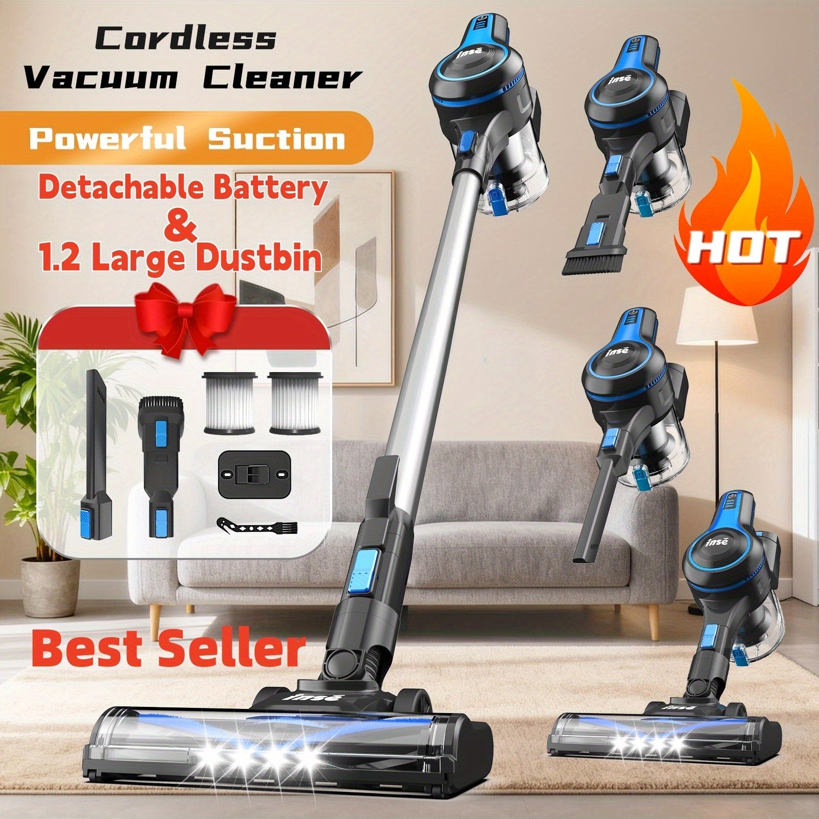 INSE Vacuum Cleaners for Home, 46KPa, 6-in-1 Rechargeable Powerful Handheld Vacuum Cleaner/High Suction/Detachable Battery, Running Time 45 Minutes, 50.5oz Dust Cup, LED Brush, Vacuum Cleaners for...