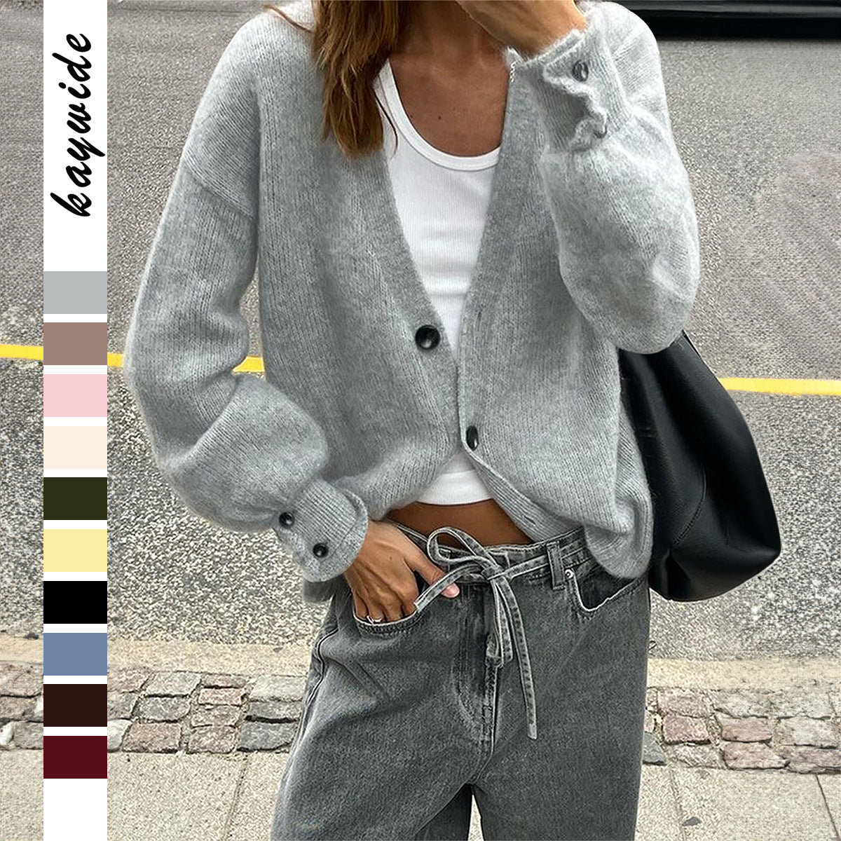 Fashionable Multi-color Sweater with Long Sleeves and Buttons for Women