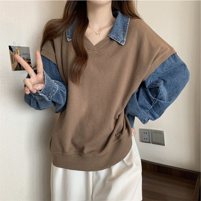Plus Size Denim False Two-Piece Slimming Sweater