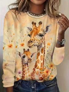 Gradient Floral Print Long Sleeve Round Neck Top