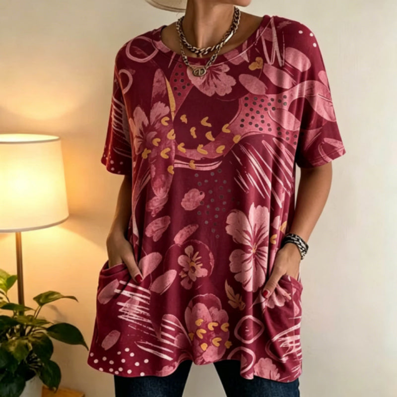 Elegant Burgundy Floral Tunic Top with Pockets