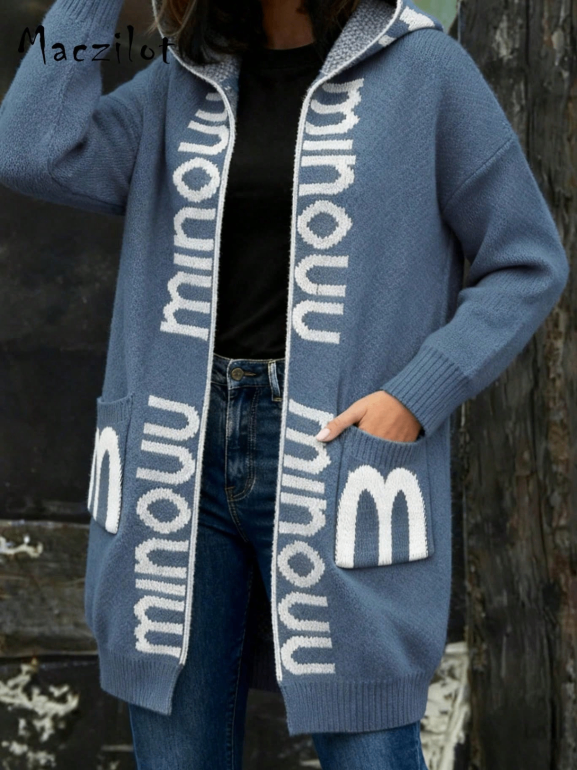 Women Loose Mid-length Hooded Knit Cardigan, Contrast Letter Jacquard Pockets Lazy Style Thick Sweater Coat for Fall Winter