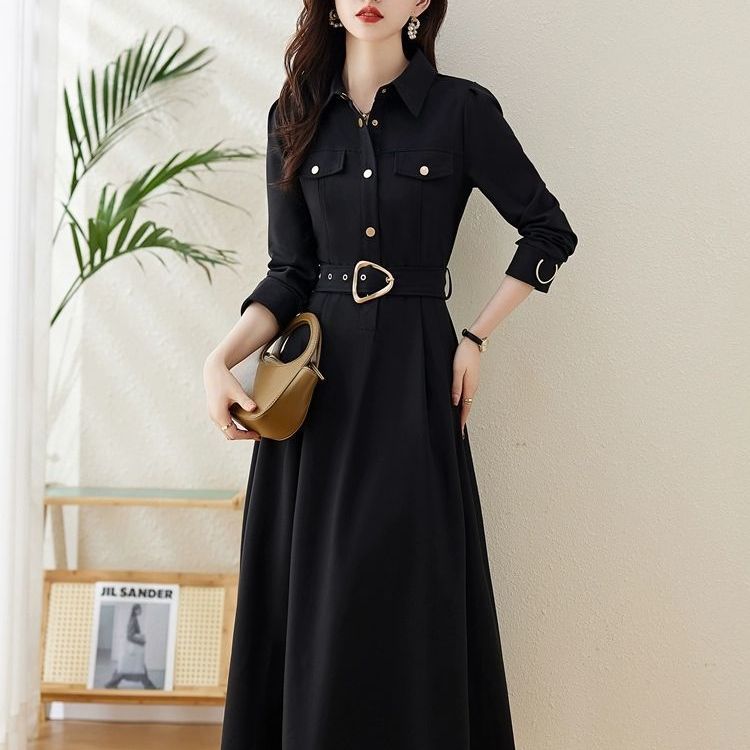 Elegant Lapel A-Line Midi Dress with Fitted Waist