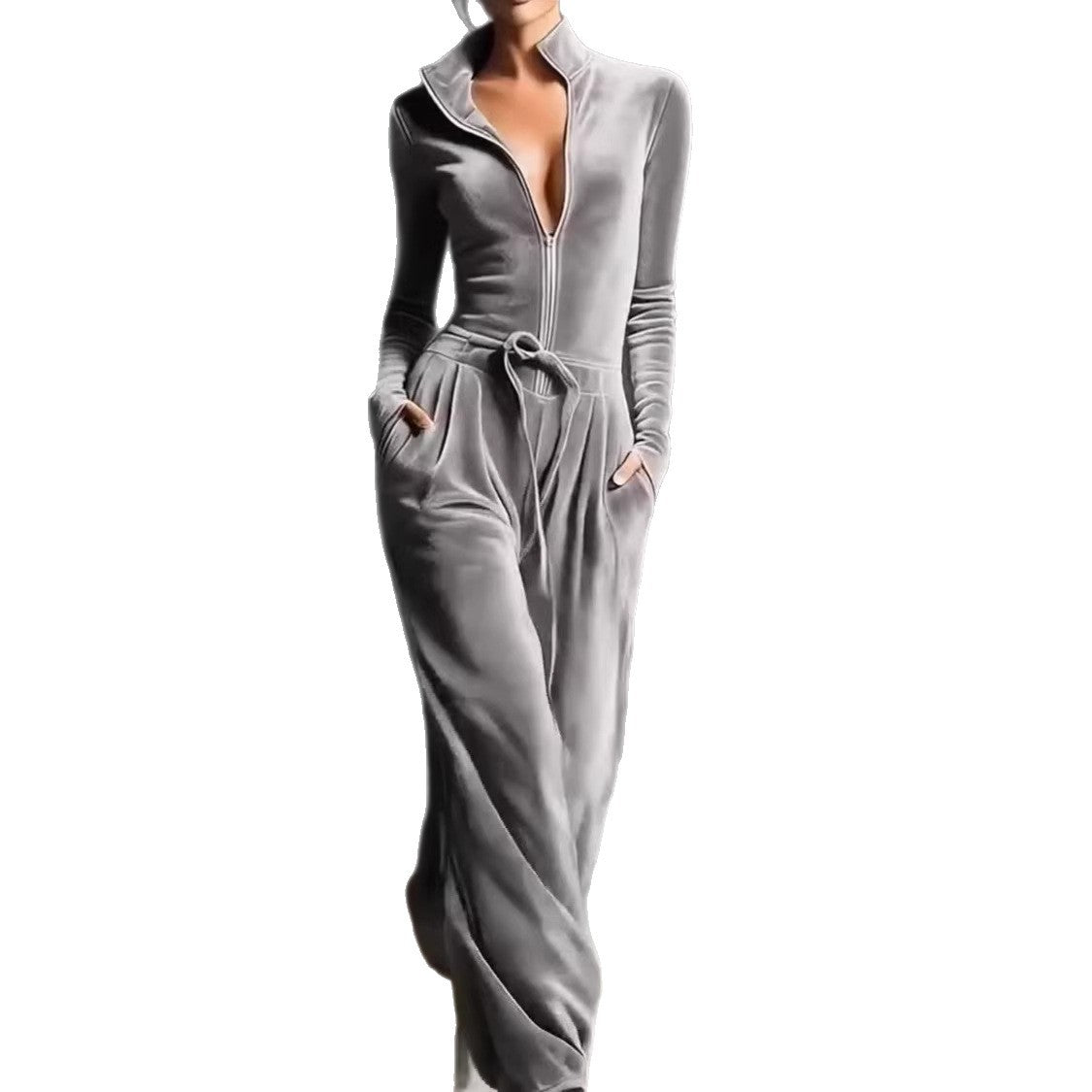 Womens Fashionable Sporty Casual Solid-Color Long-Sleeve Zippered Slim-Fit Jumpsuit