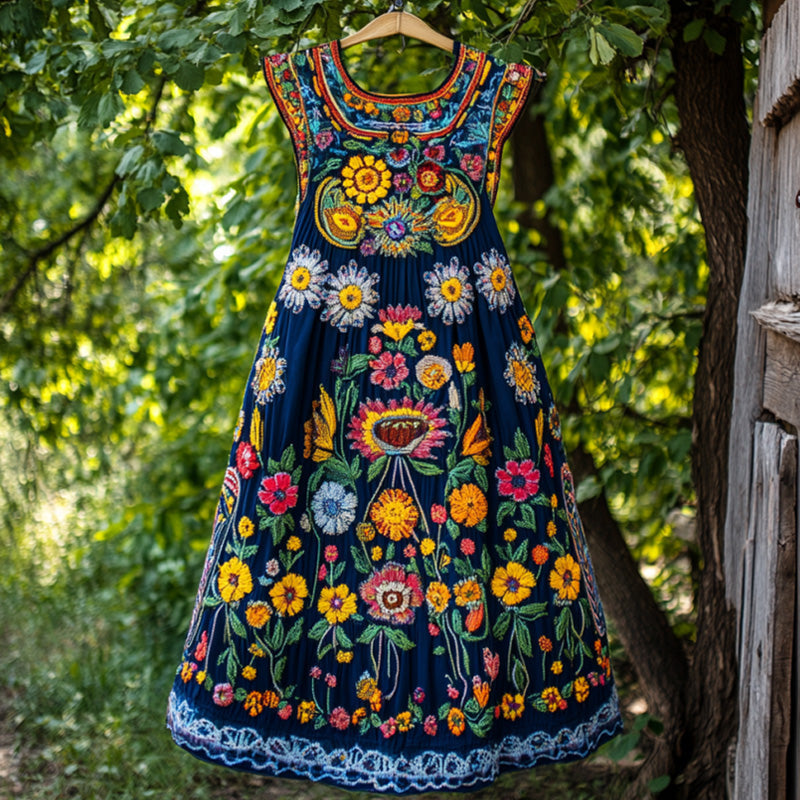 Fashionable Womens Digital-print V-neck Sleeveless Long Dress