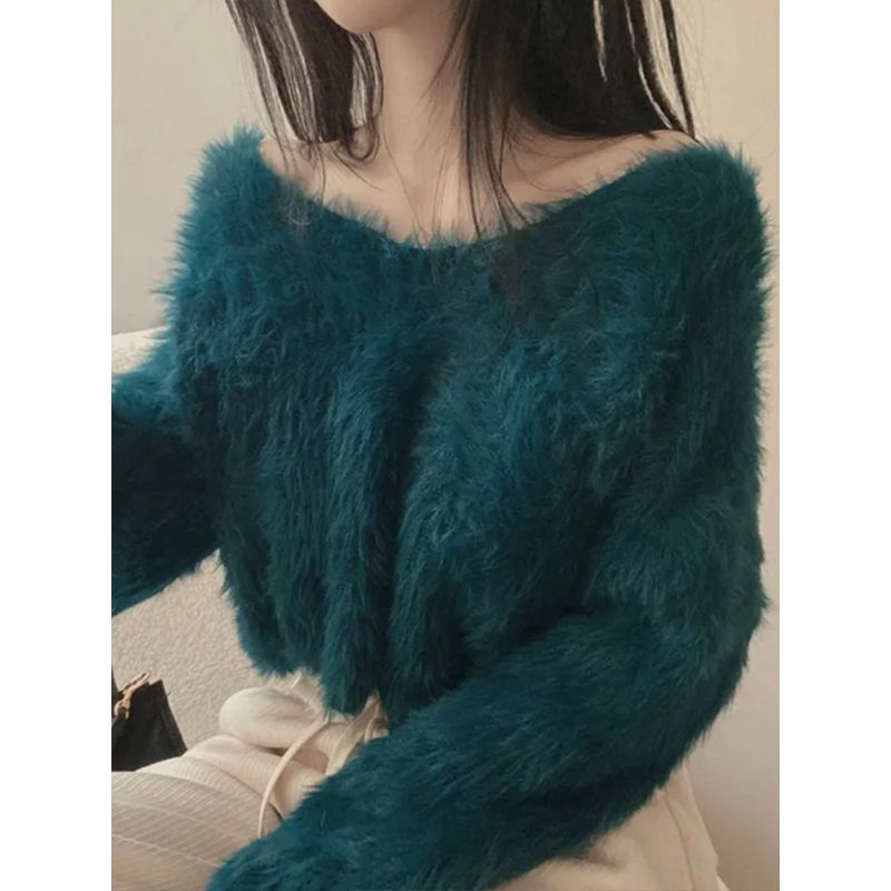 Imitation Mink V-neck Purple Sweater Women's Spring and Autumn Pure Desire