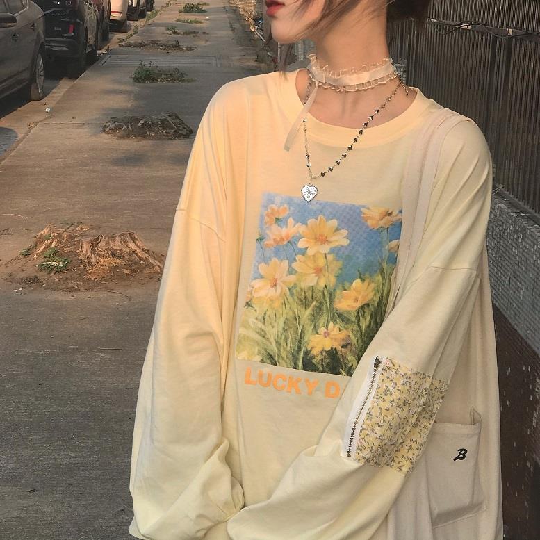 Women's Preppy Oil Painting Print Long Sleeve Crewneck Sweater