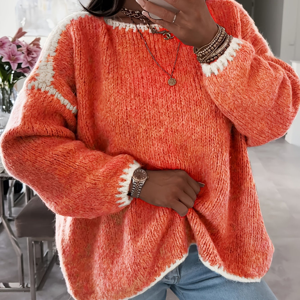 Female Loose and Casual Off-the-shoulder Solid-color Sweater