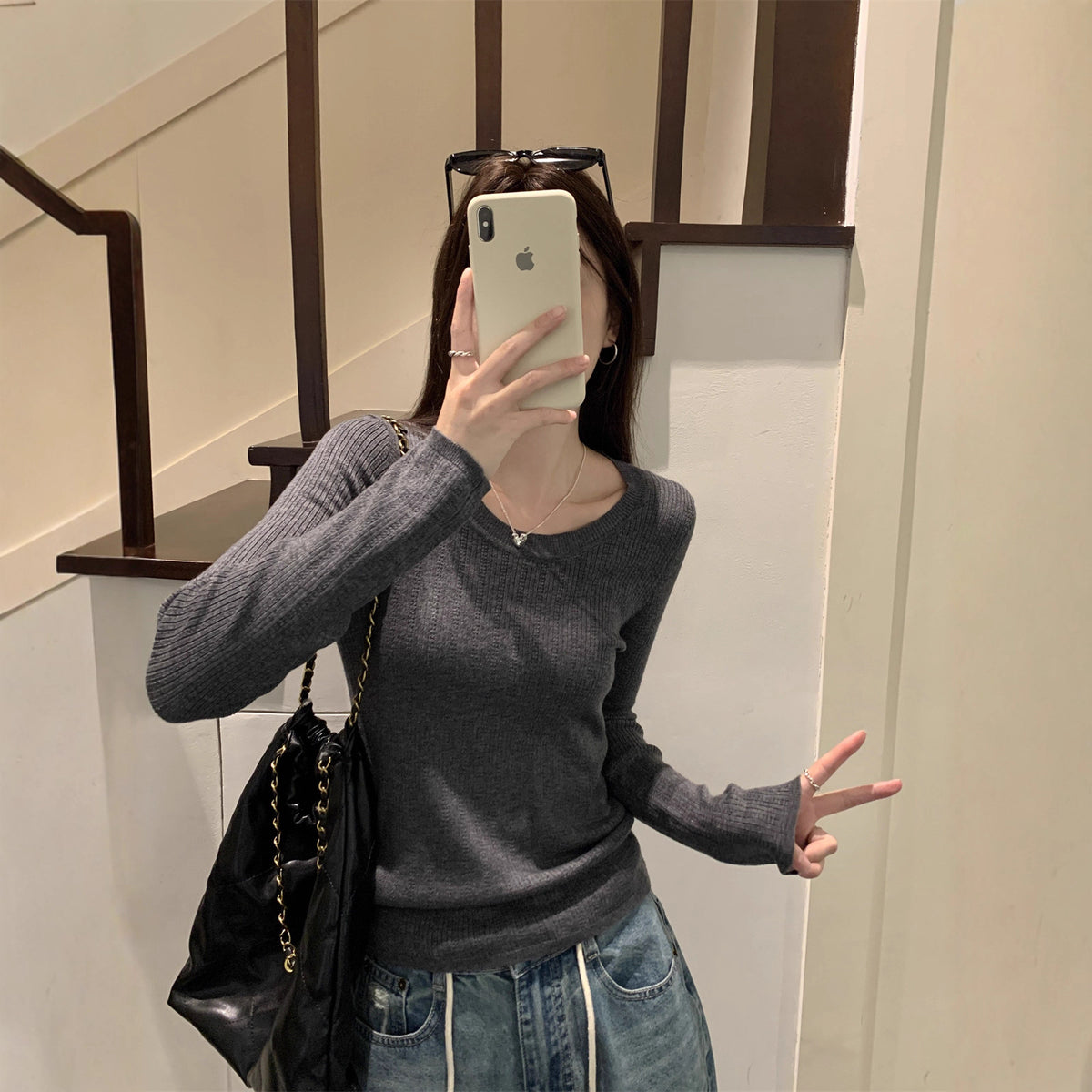 Pattern Round Neck Long Sleeve Sweater