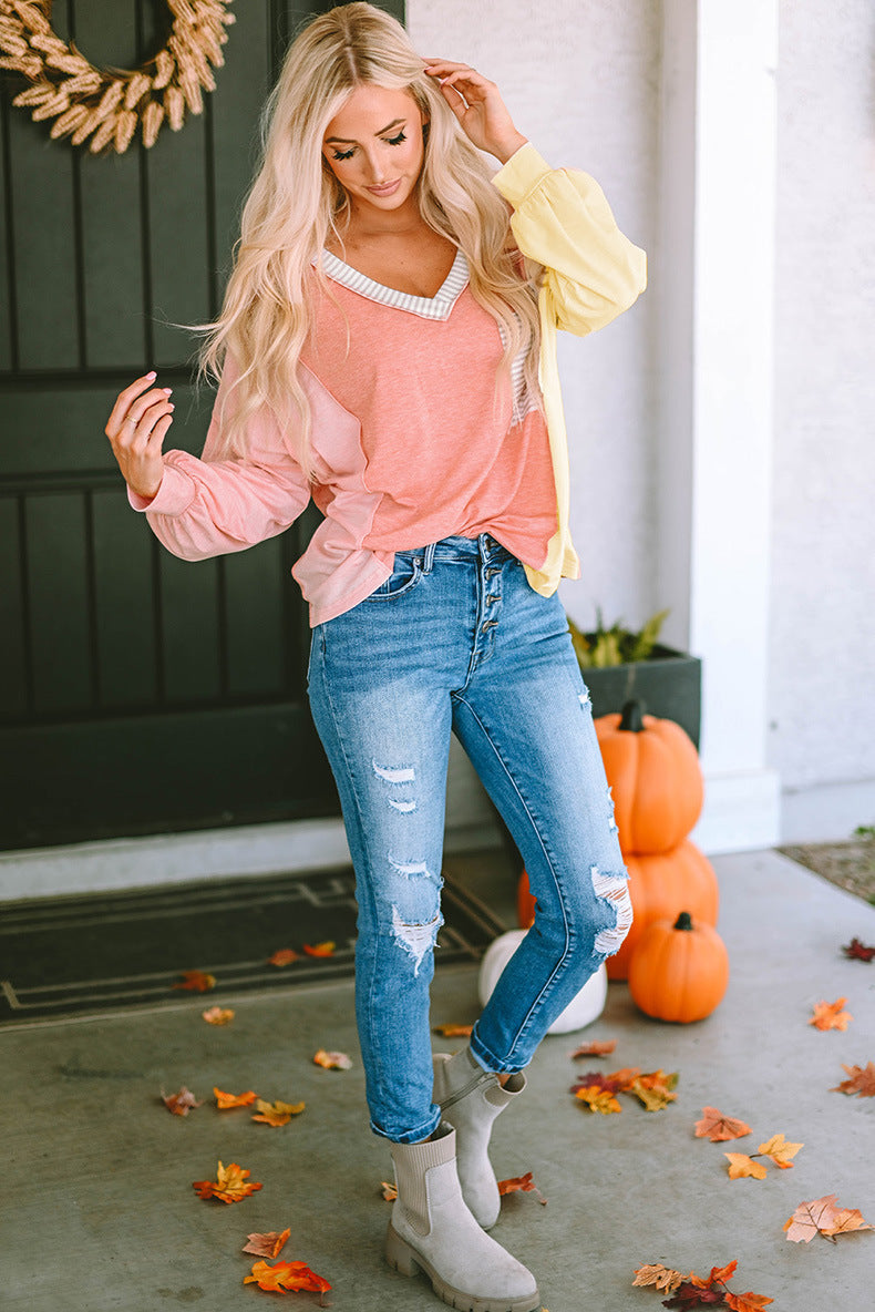 Women's Striped V-Neck Long Sleeve Casual Hoodie