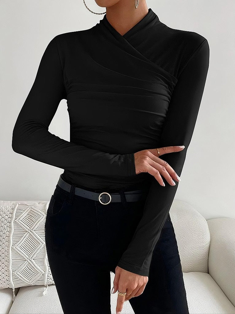 Cross Collar Pleated Slim Long Sleeve Top
