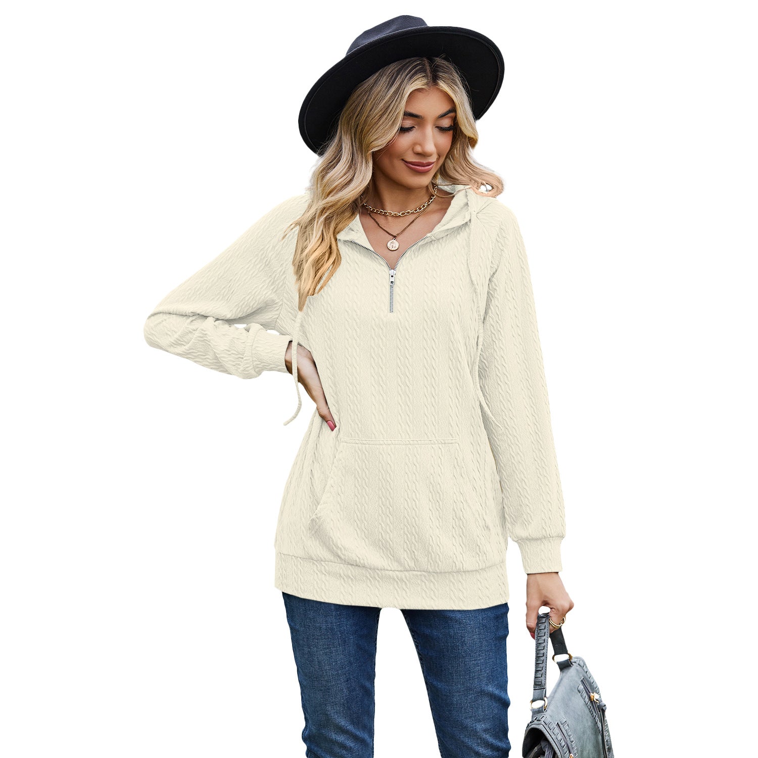 Cozy Solid Color Hooded Zip Sweatshirt for Women