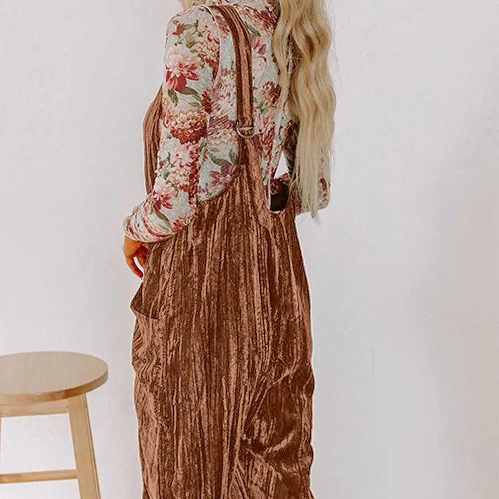 Chicory Coffee Velvet Adjustable Jumpsuit with Pocket