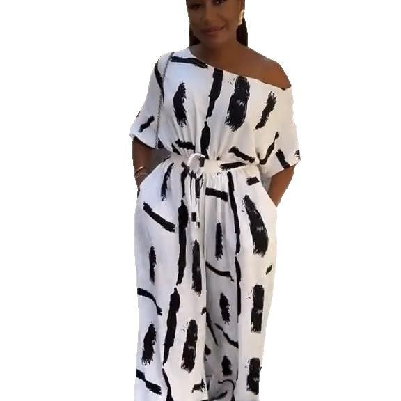 Off-shoulder Printed Short-sleeve Jumpsuit Womens Plus-size Top