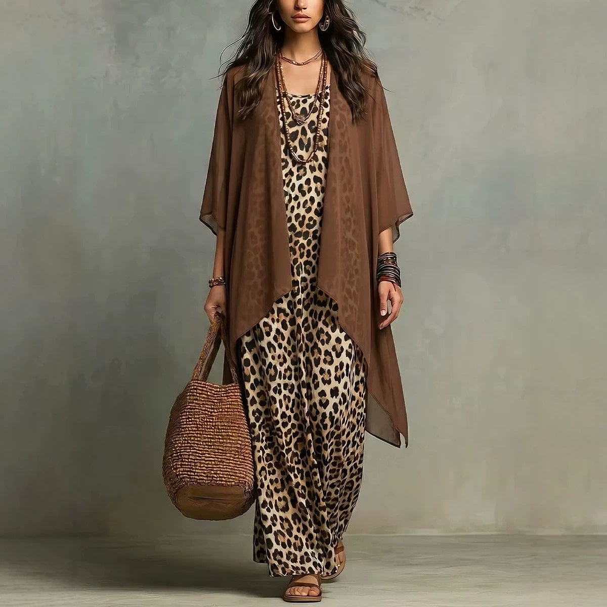 Leopard-print Strap Long Dress Two-piece Set