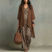 Leopard-print Strap Long Dress Two-piece Set