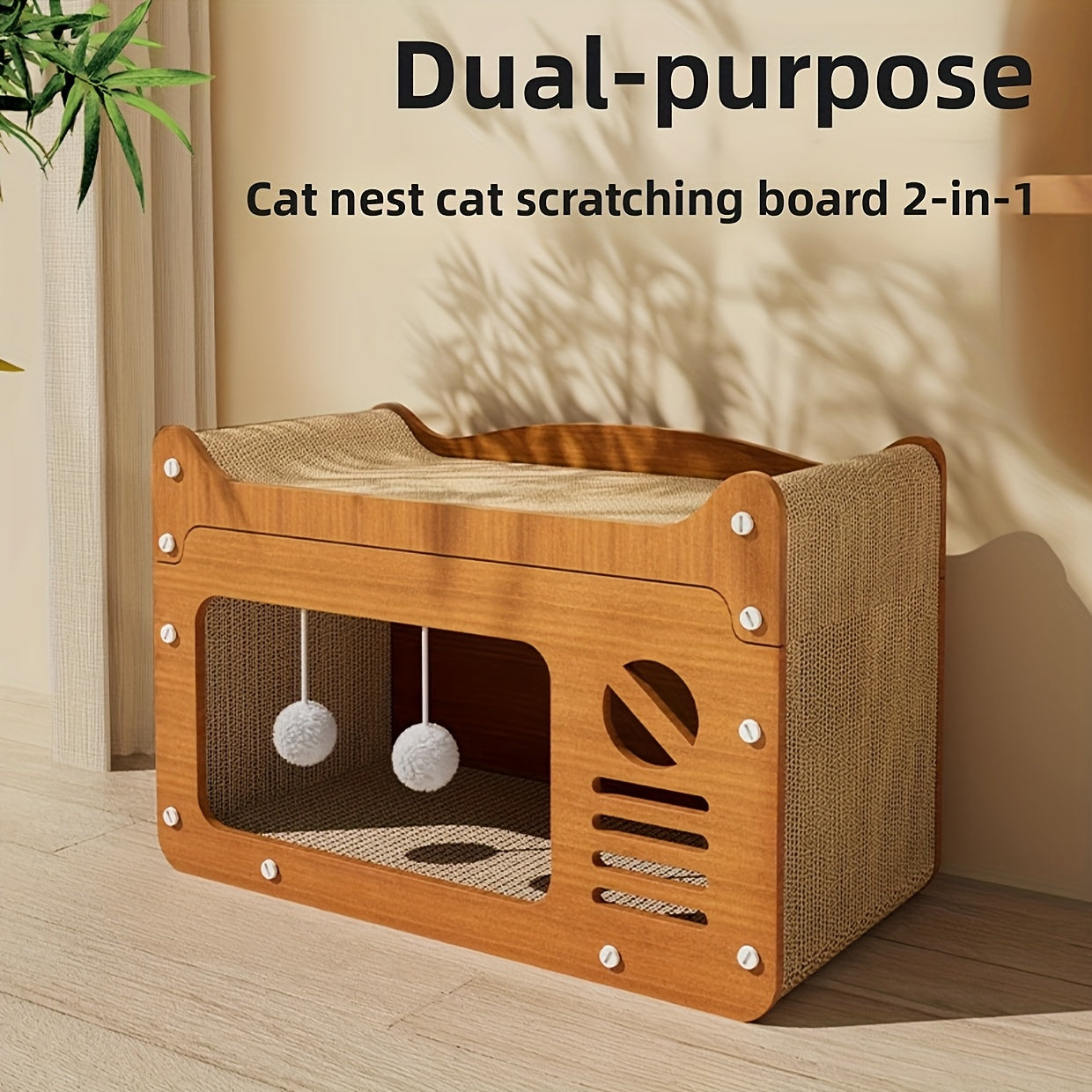 Spacious Cat House for Indoor & Outdoor Use - Multi-Feature Condo with Dual Scratching Boards, Plush Balls, and Ventilation Doors, Ideal for Cats