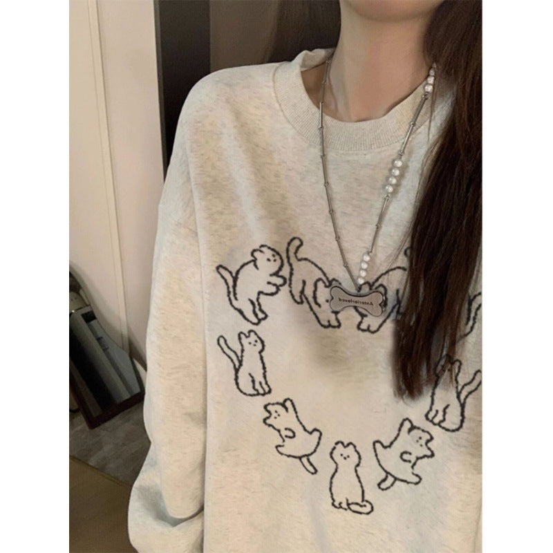 Cute Cat Print Casual Crew Neck Sweatshirt