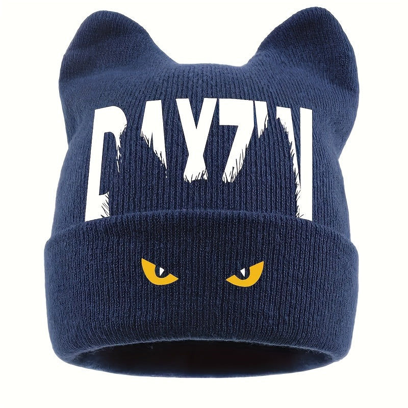 Unisex Warm Windproof Brimless Hat with Monster Eye Print and Bunny Ears, Cold-Weather Outdoor