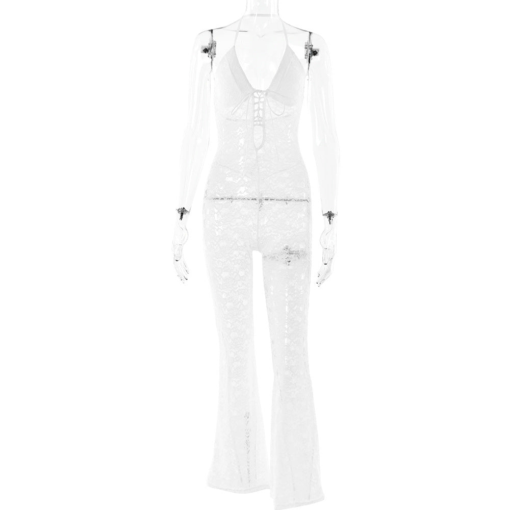 Hollow-out Lace See-through Backless Halter Slim-fit One-piece Trousers
