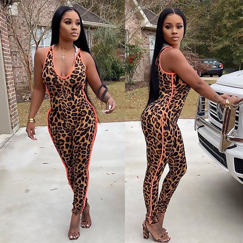 Leopard Splicing Deep V Slim Vest Jumpsuit