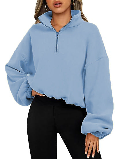 European And American Half Zipped Stand Collar Drawstring At Hem Polar Fleece Jacket