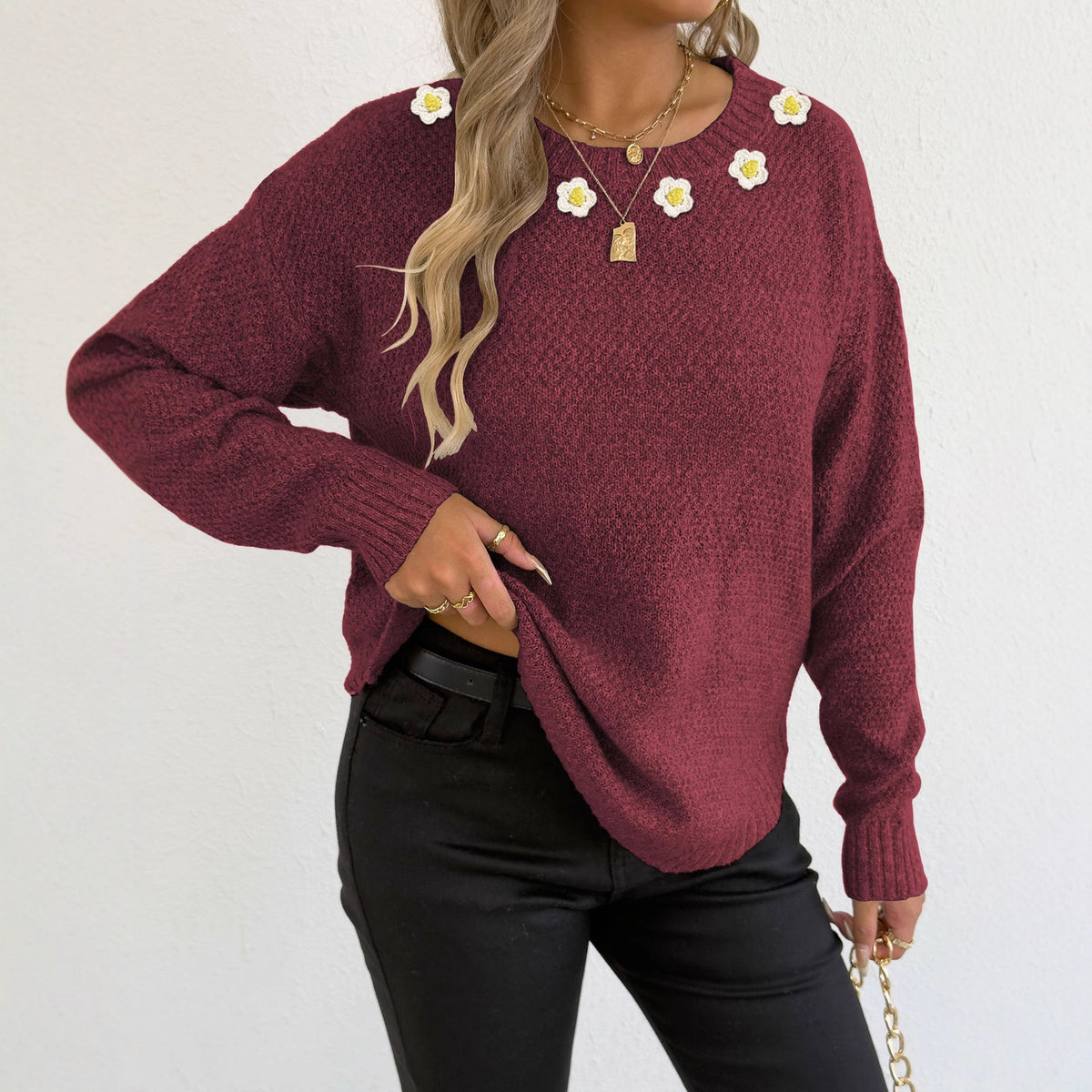 Women's Crochet Patchwork Round Neck Comfort and Casual Sweater