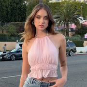 Sexy Hollow‑Out Pleated Halter Tank Top – Street‑Style Crop for Women