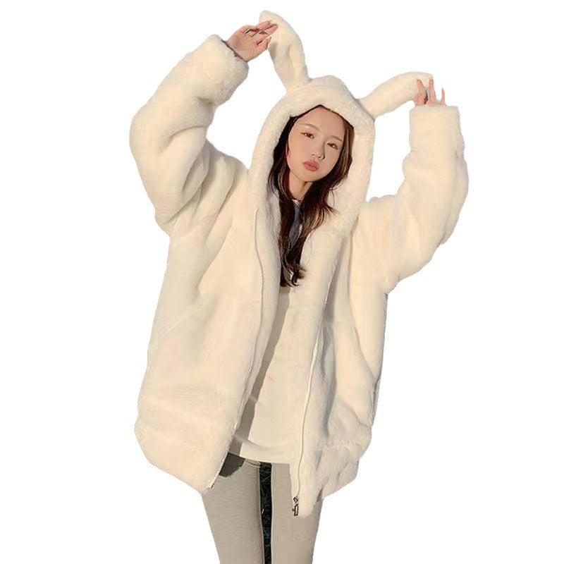 Plush Fleece Rabbit Ear Zip Hoodie for Women