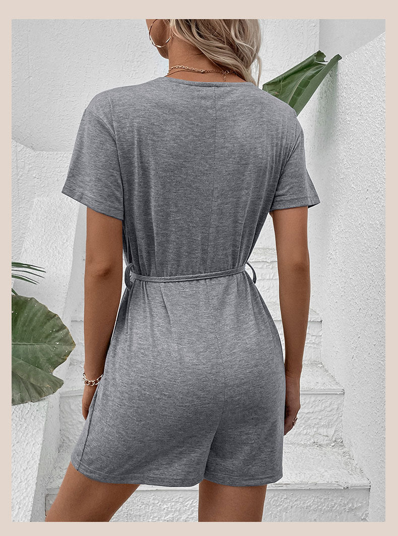 Elegant Solid Color Casual Belted Short Jumpsuit