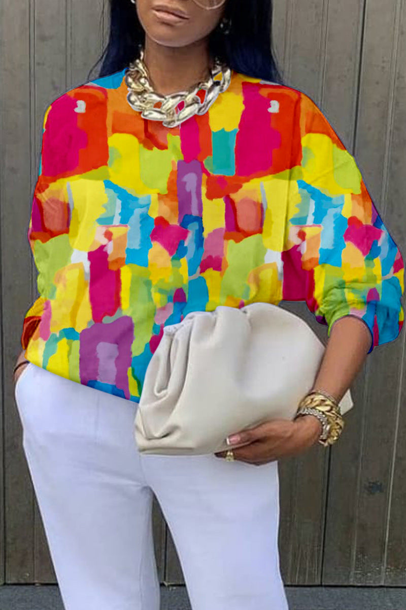 Chic Abstract Print Long Sleeve Pullover Sweater